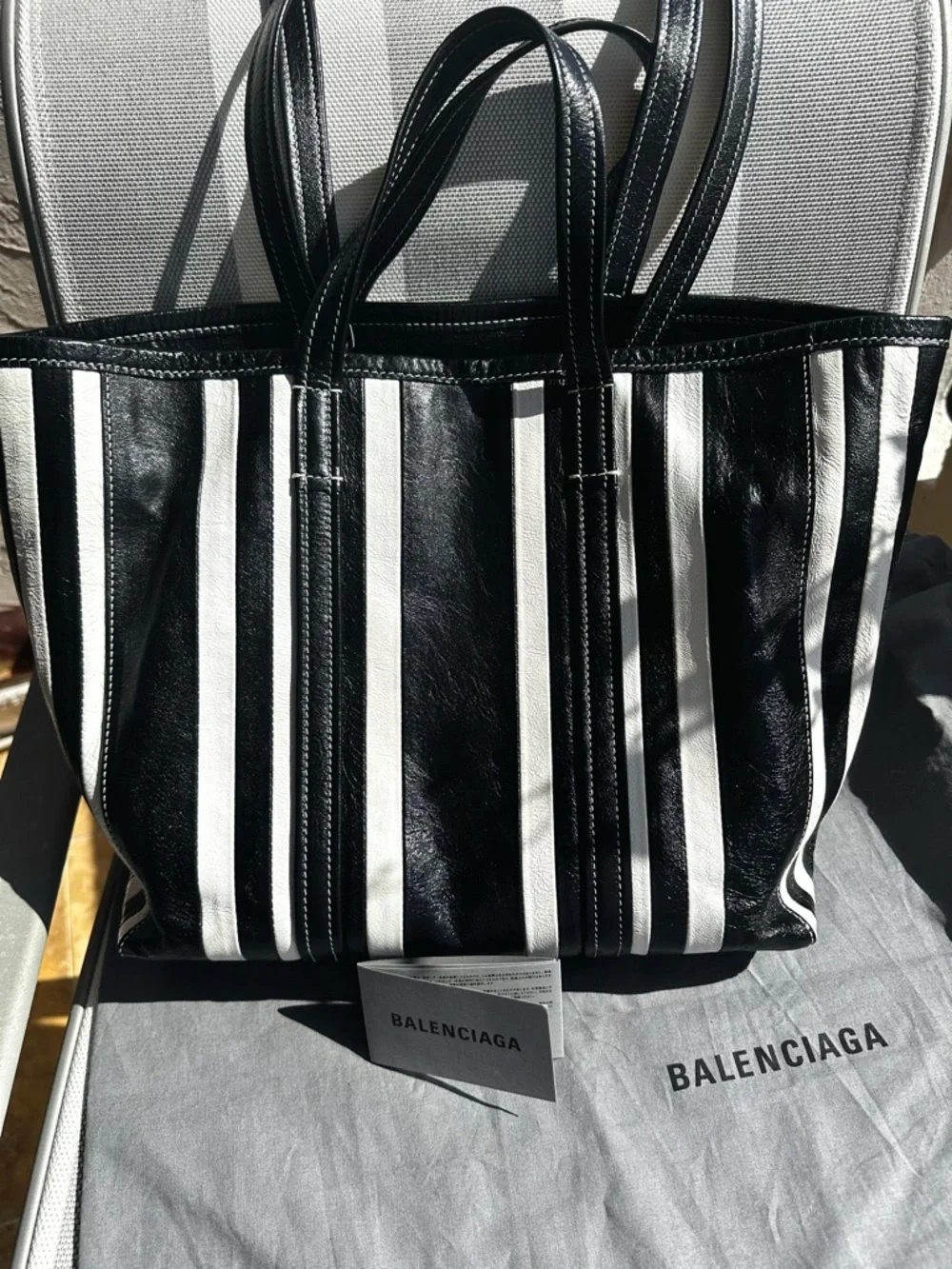 Balenciaga Barbes East-West Shopper Tote Black White Striped Leather Bag - Picture 16 of 16